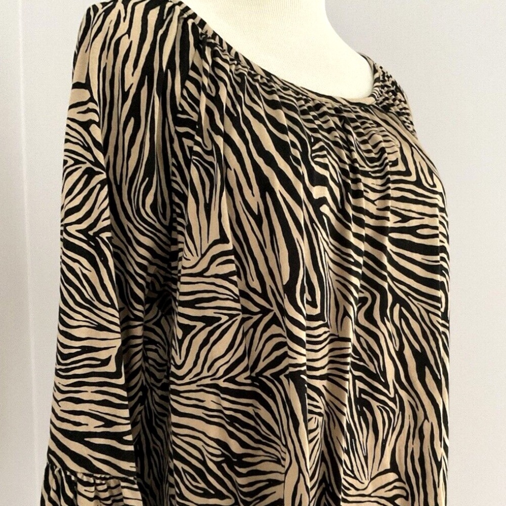 Michael Kors Women Top Shirt Blouse Zebra Print Flare Sleeve Black & Tan XL - Picture 3 of 10